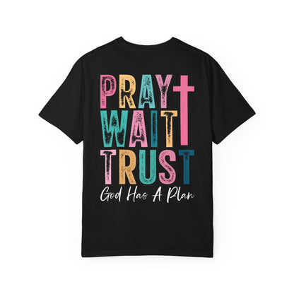 Pray Wait Trust T-Shirt — Colorful Christian Cross Faith Tee