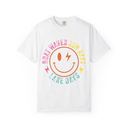 Lake Days T-Shirt — "Boat Waves Sun Rays" Retro Smile Graphic