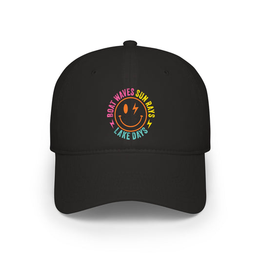 Low Profile Baseball Cap — Rainbow 'Boat Waves Sun Rays Lake Days' Smiley Embroidered Hat
