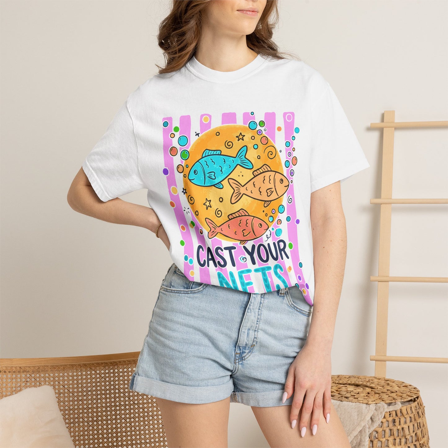 Cast Your Nets T-Shirt — Colorful Christian Fish Design (Luke 5:4)