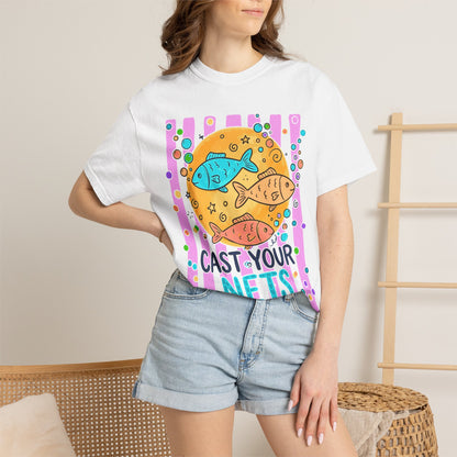 Cast Your Nets T-Shirt — Colorful Christian Fish Design (Luke 5:4)
