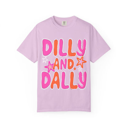 Dilly and Dally Graphic T-Shirt — Playful Pink & Orange Typography Tee