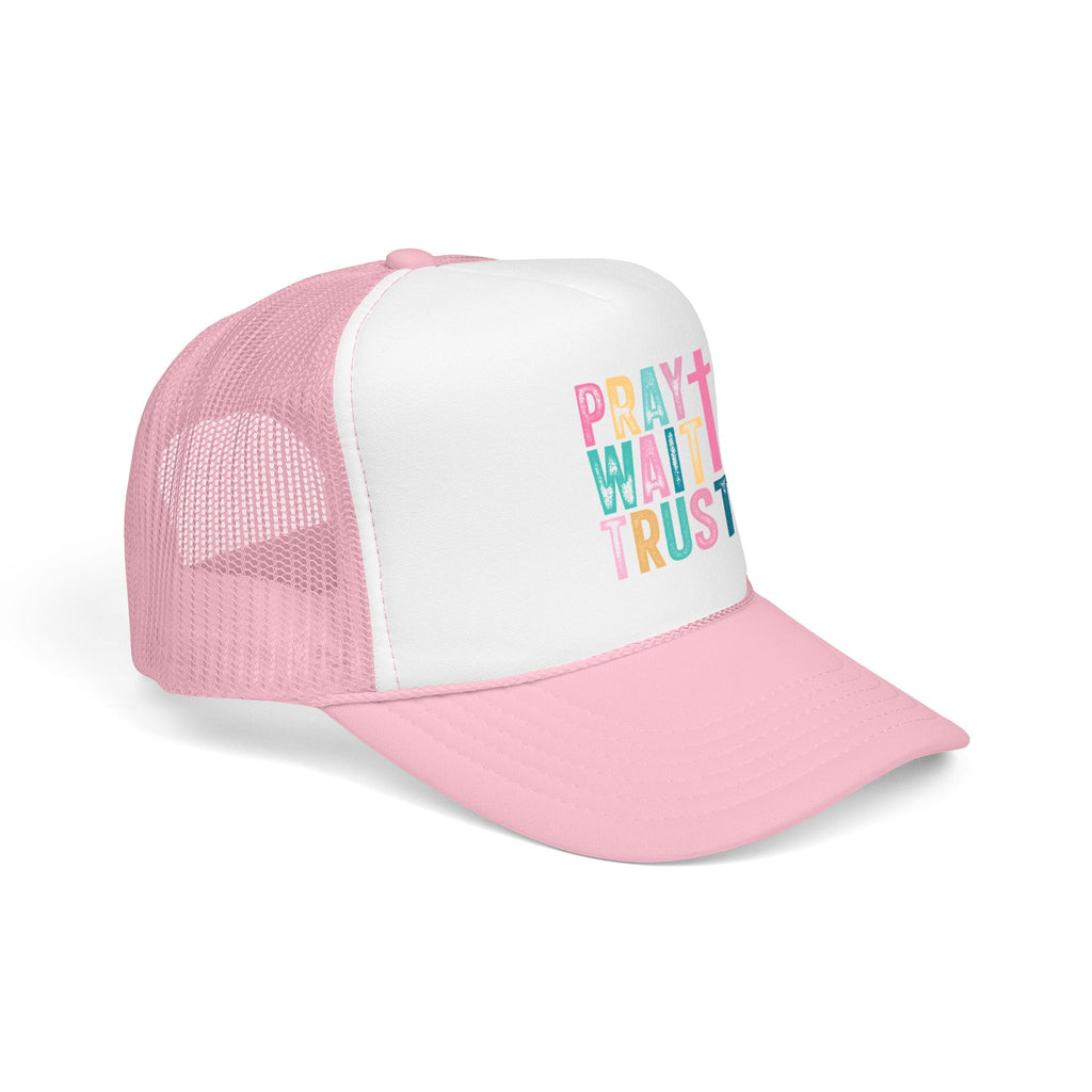 Trucker Hat — "Pray Wait Trust" Colorful Cross Faith Cap
