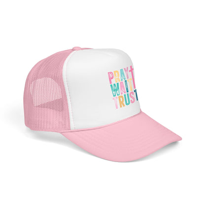 Trucker Hat — "Pray Wait Trust" Colorful Cross Faith Cap