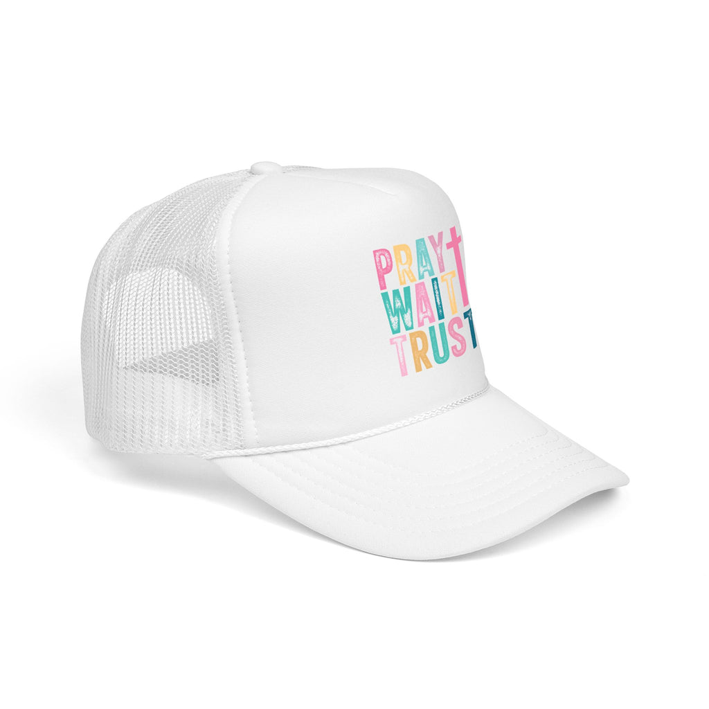 Trucker Hat — "Pray Wait Trust" Colorful Cross Faith Cap