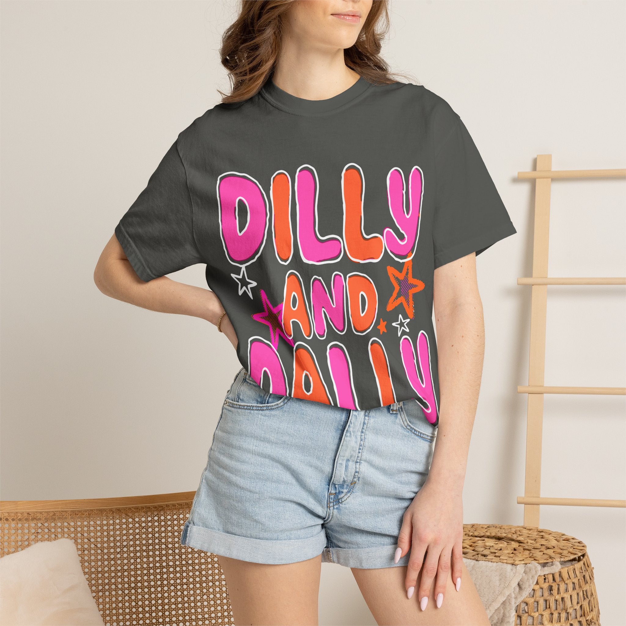 Dilly and Dally Graphic T-Shirt — Playful Pink & Orange Typography Tee