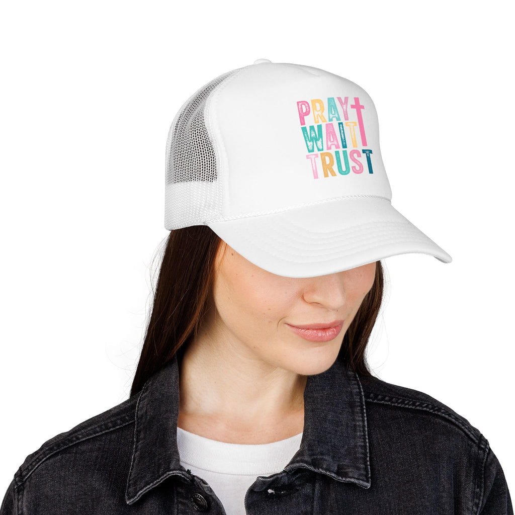 Trucker Hat — "Pray Wait Trust" Colorful Cross Faith Cap