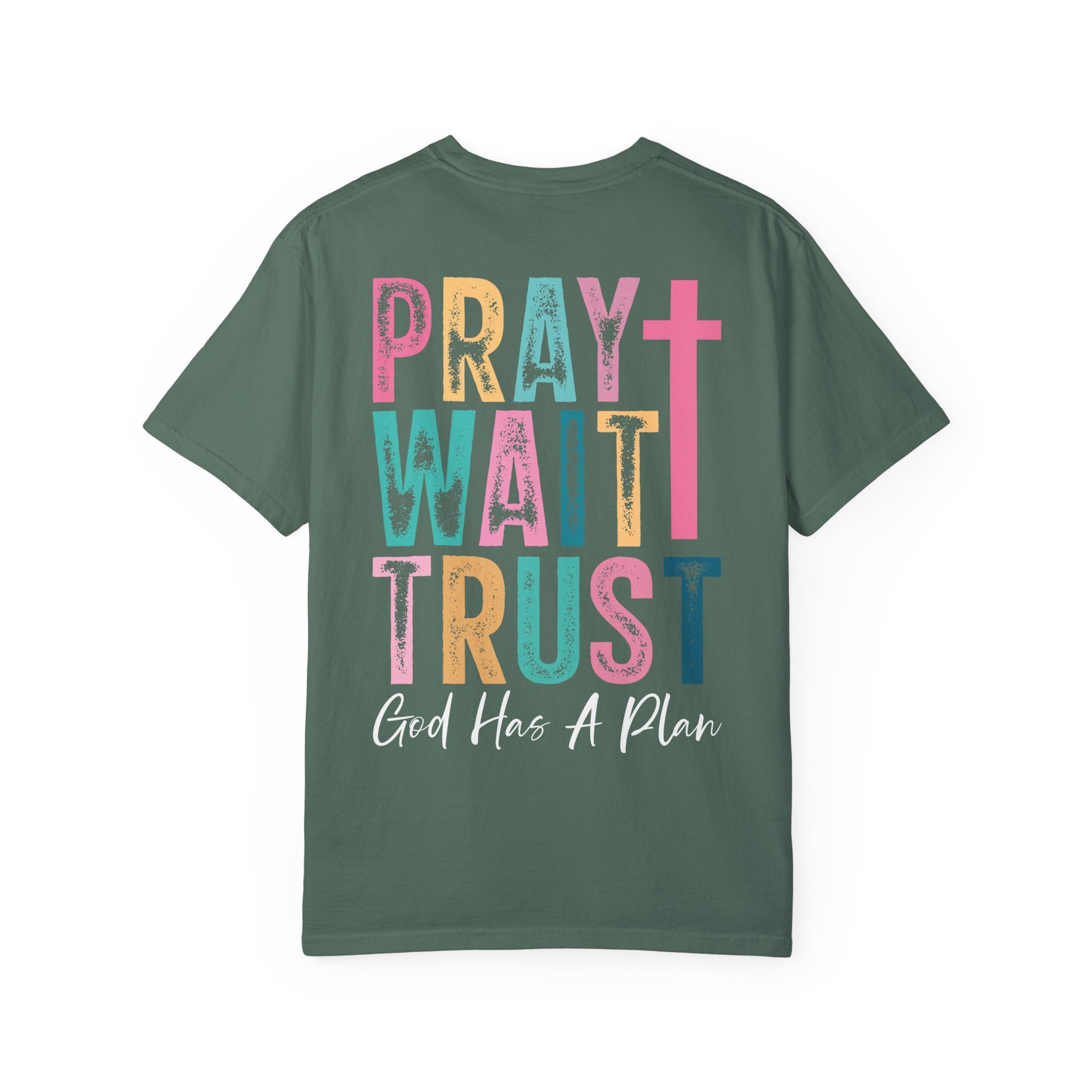 Pray Wait Trust T-Shirt — Colorful Christian Cross Faith Tee