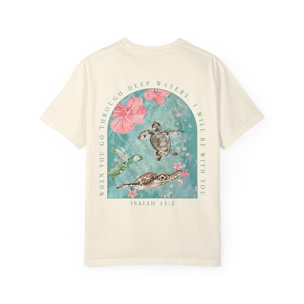 T-Shirt — 'When You Walk Through Deep Waters' Floral Sea Turtle Christian Tee