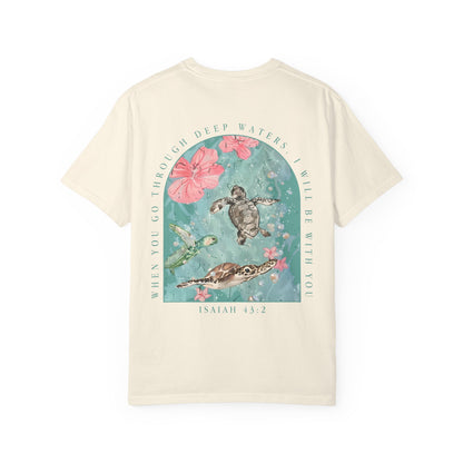 T-Shirt — 'When You Walk Through Deep Waters' Floral Sea Turtle Christian Tee