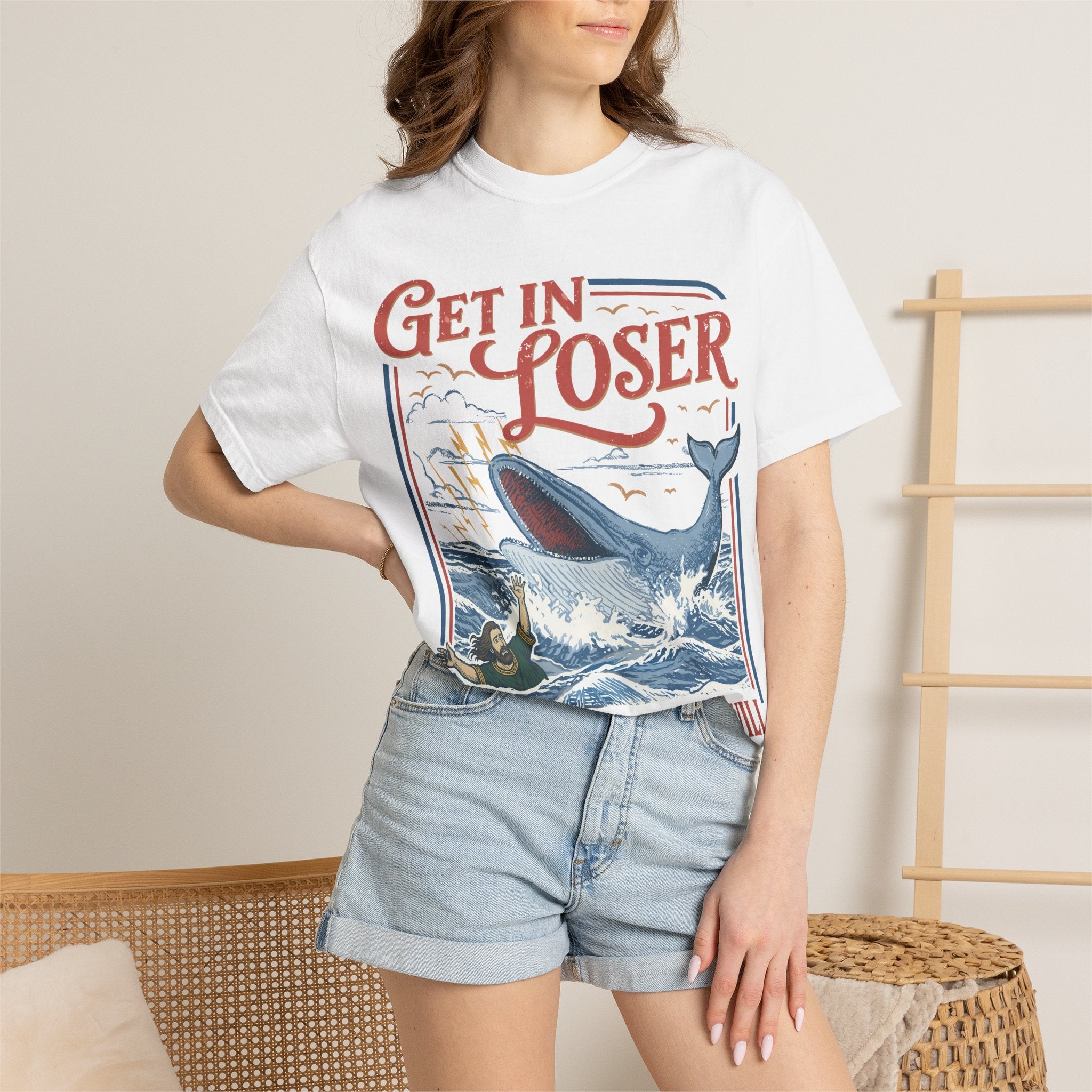 Get In Loser T-Shirt — Jonah 1:17 Whale Rescue Faith Tee