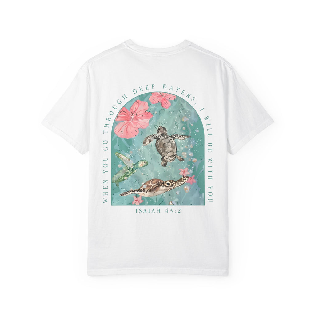 T-Shirt — 'When You Walk Through Deep Waters' Floral Sea Turtle Christian Tee