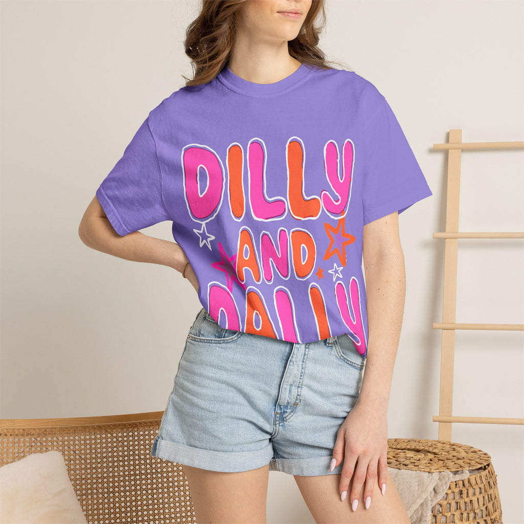 Dilly and Dally Graphic T-Shirt — Playful Pink & Orange Typography Tee