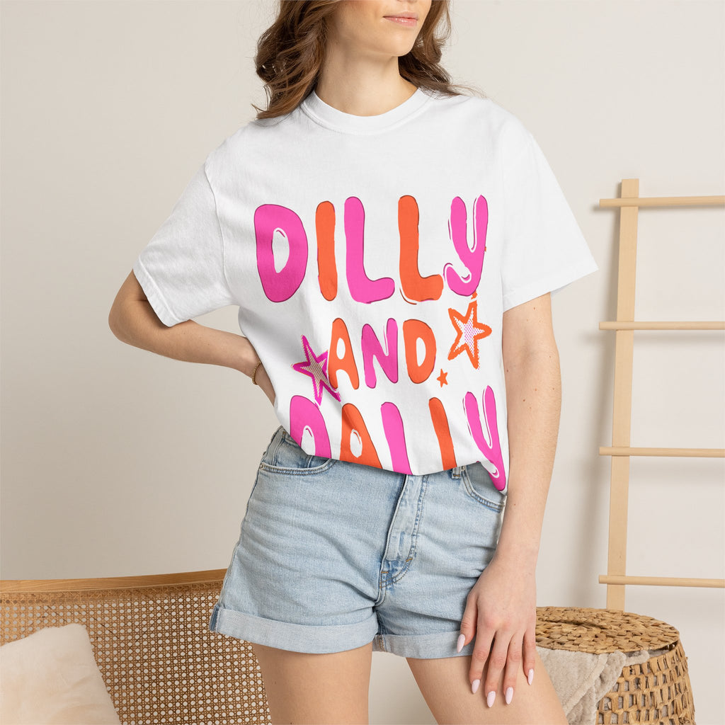 Dilly and Dally Graphic T-Shirt — Playful Pink & Orange Typography Tee